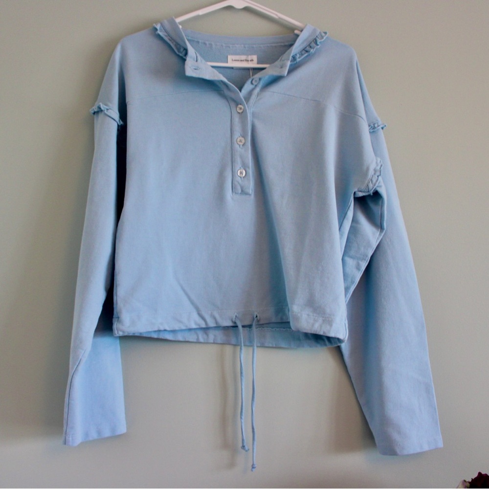 Lovers and Friends Baby Blue Cropped Polo Sweatshirt with ruffled details Sz S